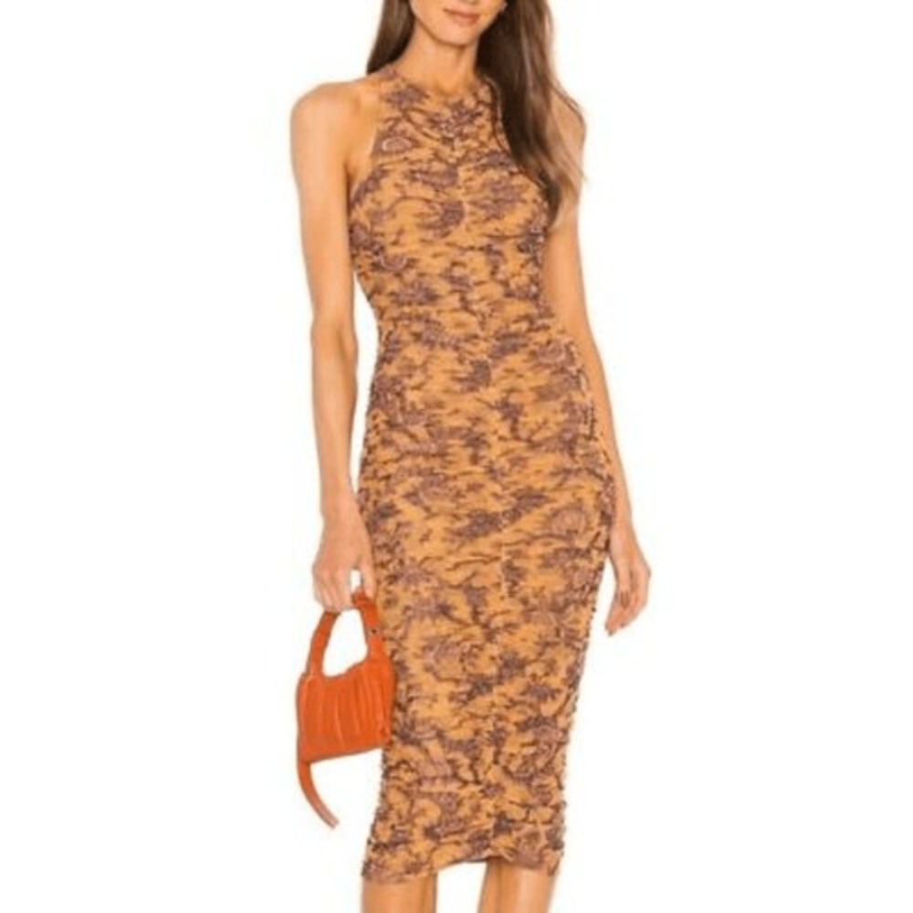 A.L.C. Delfine Ruched Mesh Floral Toile Midi Dress Brown Tan XS NEW